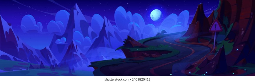 Empty curve asphalt road above cliff in rocky mountains at night. Cartoon summer landscape of serpentine highway in hills with sign on roadside under moon light. Countryside scenery with curly route.