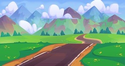 Empty Curve Asphalt Road Among Green Trees And Grass, Mountains And Blue Sky With Clouds. Cartoon Summer Vector Landscape Of Highway In Forest Lead To Rocky Hills. Countryside Scenery With Path.