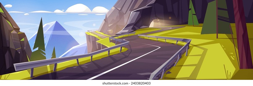 Empty curve serpentine road over cliff in mountains goes out of tunnel flooded with sunlight. Cartoon summer vector landscape of asphalt highway in rocky hills. Countryside scenery with freeway.