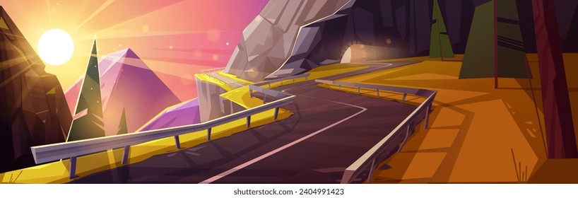 Empty curve serpentine road over cliff in mountains goes out of tunnel during sunset or sunrise. Cartoon summer evening or morning vector countryside landscape of asphalt highway in rocky hills.
