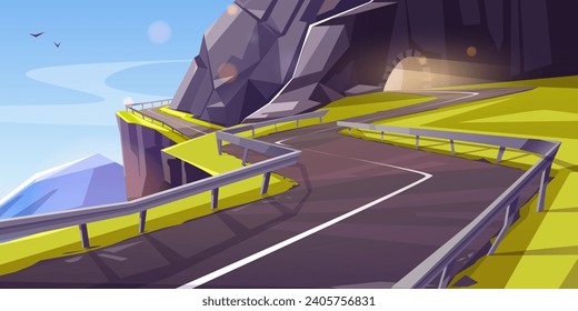 Empty curve serpentine road over cliff in mountains goes out of tunnel flooded with sunlight. Cartoon summer vector landscape of asphalt highway in rocky hills. Countryside scenery with freeway.