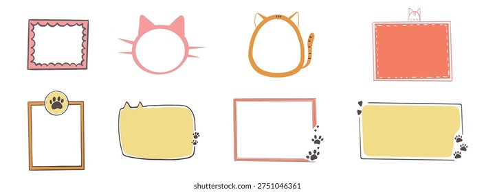 Empty cute cat or dog, pet frame set, speech bubble with ears and tail, border with paw print. Doodle sketch hand drawn elements. Footprint badge, border divider. 