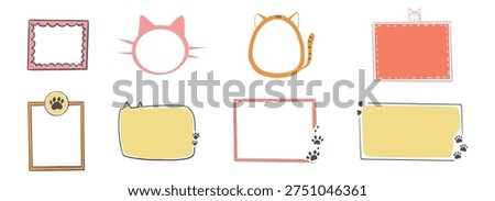 Empty cute cat or dog, pet frame set, speech bubble with ears and tail, border with paw print. Doodle sketch hand drawn elements. Footprint badge, border divider. 