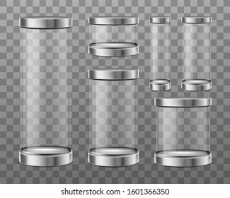 Empty Cylinder Capsule, Clear Showcase Isolated On Transparent Background. Vector Mockup Of Round Boxes Different Sizes With Steel Caps, Blank Circle Stand For Exhibition In Gallery, Museum