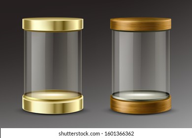 Empty cylinder capsule, clear showcase with golden and wooden caps. Vector mockup of round boxes with spotlights, blank circle stand, platform for exhibition in gallery, museum