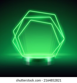 Empty Cylinder Podium with Abstract Geometric Neon Green Background. Vector clip art for your sale project design in retro style.
