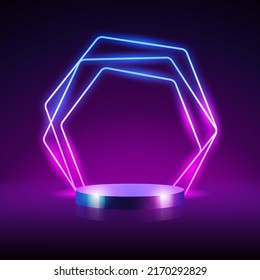 Empty Cylinder Podium with Abstract Hrxagonal Neon Farme Background. Vector clip art for your sale project design in retro style.