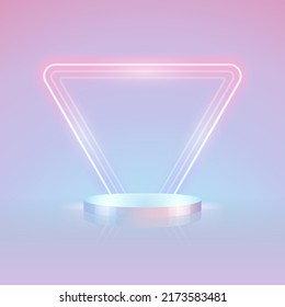 Empty Cylinder Podium with Abstract Light Triangular Neon Farme Background. Vector clip art for your sale project design in retro style.
