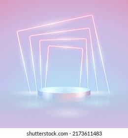 Empty Cylinder Podium with Abstract Light Neon Farme