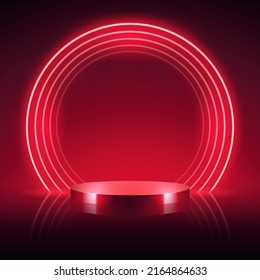 Empty Cylinder Podium with Abstract Red Round Neon on Dark Background. Vector clip art for your project.