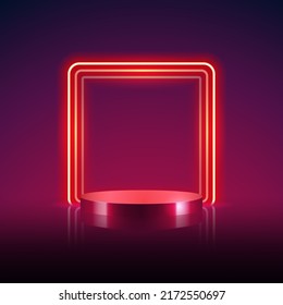 Empty Cylinder Podium with Abstract Red Square Neon Farme Background. Vector clip art for your sale project design in retro style.
