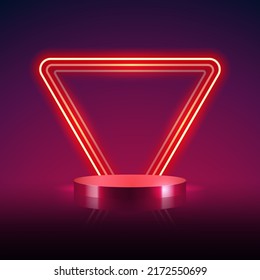 Empty Cylinder Podium with Abstract Red Triangular Neon Farme Background. Vector clip art for your sale project design in retro style.