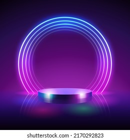 Empty Cylinder Podium with Abstract Round Neon Farme Background. Vector clip art for your sale project design in retro style.