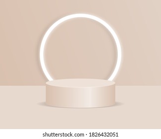 Empty cylinder podium with geometric shape object. Abstract minimal scene. Mockup for product presentation. 3d vector illustration. 