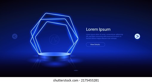 Empty Cylinder Podium with Hexagonal Neon Frame on Dark Blue Background. Vector Website Template for your product presentation in modern style design.
