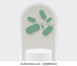 Empty cylinder podium on minimal background. Abstract minimal scene with leaves and geometrical forms. Design for product presentation. 3d vector illustration. 
