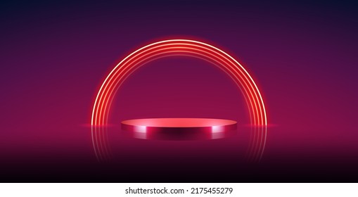 Empty Cylinder Podium with Red Round Neon Frame on Blurred Background. Vector clip art for your project in retro design.