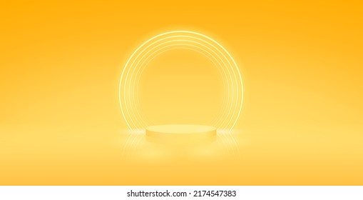 Empty Cylinder Podium with Round Neon Farme on Yellow Light Background. Vector clip art for your summer project design.