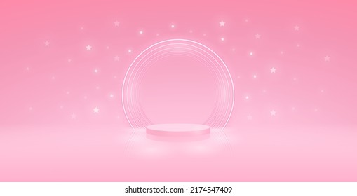 Empty Cylinder Podium with Round Neon Farme on Pink Abstract Starry Lights Background. Vector clip art for your romantic project design.