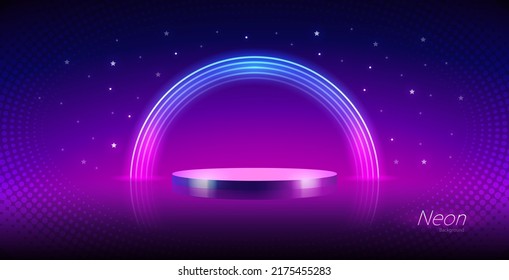 Empty Cylinder Podium with Round Neon Frame on Blurred Background with Stars. Vector clip art for your night party project design. - Shutterstock ID 2175455283