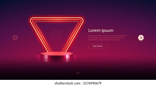 Empty Cylinder Podium with Triangular Neon Frame on Dark Red Background. Vector Website Template for your product presentation in modern style design.