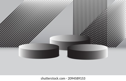 Podio gris cilíndrico vacío para productos y fondo abstracto. Simula formas geométricas en negro y gris. Plataforma para ilustraciones cosméticas 