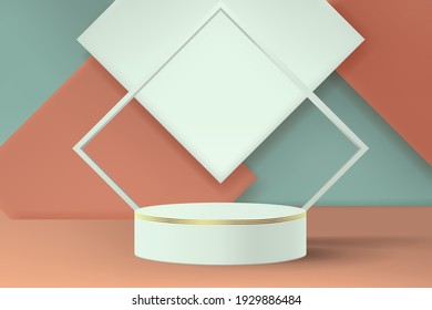pedestal cilíndrico vacío para exhibición de productos con fines publicitarios. Fondo abstracto con formas cuadradas en tonos pastel.