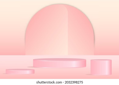 Empty cylindrical podium on minimal background. Design for product presentation. 3d vector illustration. pink background. 3d podium