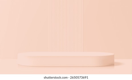 Empty cylindrical podium product display, minimalist stage. Vector 3D abstract scene, beige smooth color mockup for cosmetic stand design.