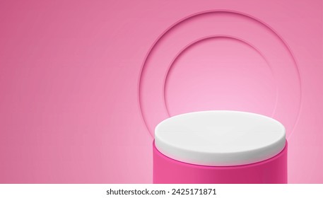 Empty cylindrical shaped platform on pink wall background for object demonstration. Vector realistic illustration with space for advertising text. Used for banner, invitation, postcard. 