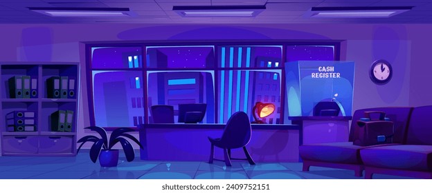 Das Innere der dunklen Bank ist nachts leer. Cartoon, Vektorgrafik des Zimmers für die Kunden Service mit Computer und Lampe auf dem Führertisch, Kasse mit Glaswand, Schrank mit Dokument und Sofa
