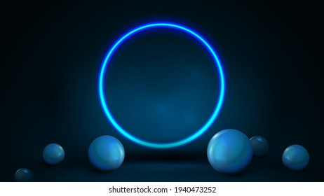 Empty dark and blue abstract scene with spheres on floor and neon blue shiny ring. 3d render illustration with blue abstract scene with neon ring