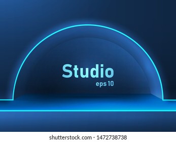 Empty dark blue neon-lit studio space to display design content. Advertising banner for promotional products on the site. Vector illustration.