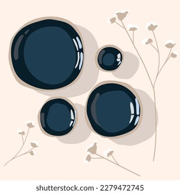 Empty dark blue plates, highlighted on a light tablecloth with dried flowers. Clay plates of different sizes of uneven shape. Handmade work. Pottery. Simple vector illustration