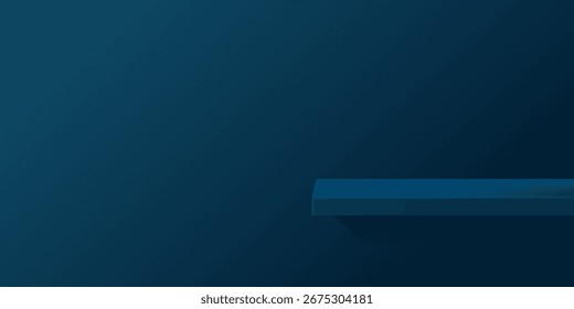 Estante azul oscuro vacío sobre un fondo azul oscuro con un diseño simple con énfasis en el espacio donde se pueden colocar texto o gráficos. Perfecto para exhibición de productos, marca y publicidad.