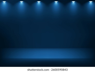 Empty dark blue studio background with light effect space for selling products, backdrop, wallpaper, background, text. Vector illustration.