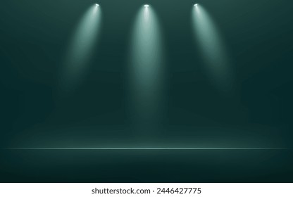 Empty Dark green studio room background. green blue studio table room background. Empty room with light effect. Space for selling products on the website. Business backdrop. Vector illustration.