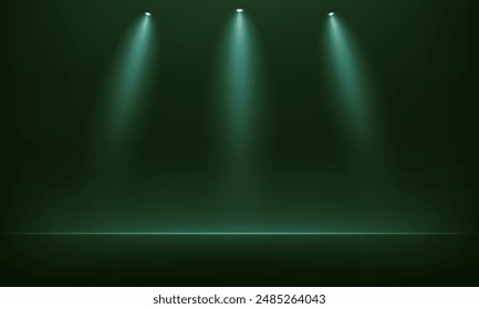 Empty dark green studio room background. Dark green background. Space for selling products on the website. Empty room with spotlight effect. Vector illustration.