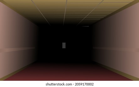 Empty Dark Hallway In The Building. The Door At The End Of The Room Is Thrown Open. Night Scene. Illustration Cartoon Style Flat Design. Vector.