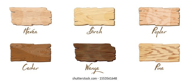 Empty dark and light brown wooden banners, sign boards for text, lettering with texture of hevea, birch, poplar, cedar, wenge, pine. Copy space. Vector set with samples for furniture industry.