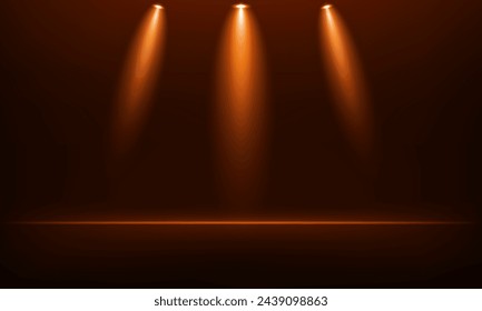 Empty Dark orange and red studio room background. Empty room with spotlight effect. Use for product display presentation, cosmetic display mockup, showcase, media banner, etc. Vector illustration.