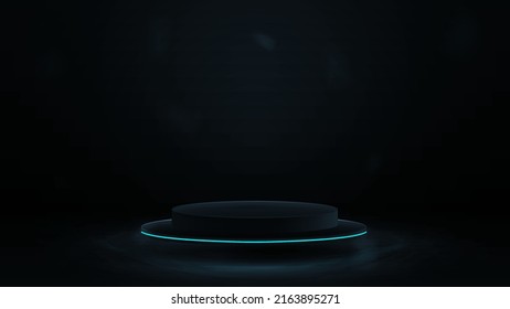 Empty dark podium with blue line neon for product presentation, 3d realistic vector illustration. Gray and dark digital scene