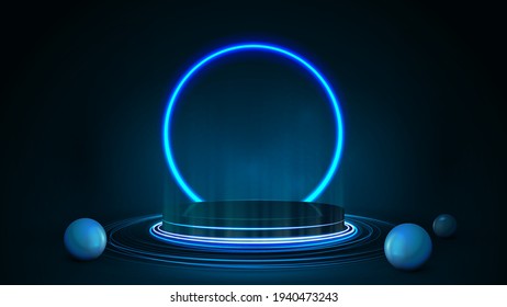 Empty dark podium with realistic spheres and neon ring on background. 3d render illustration with dark and blue abstract scene with neon blue ring
