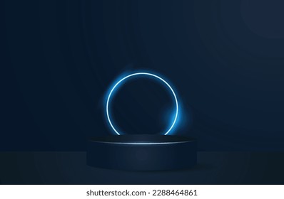 
Empty dark podium with realistic spheres and neon ring on background. 3d render illustration with dark and blue abstract scene with neon blue ring