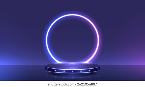 An empty dark purple background with a 3d podium and a glowing circle for product advertising. 