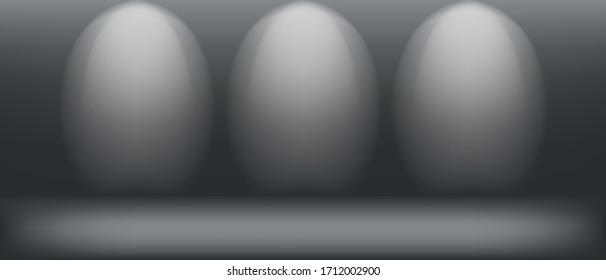 The empty Dark room has three wall white lighting positions. Background for banner, poster, goods and advertising.
