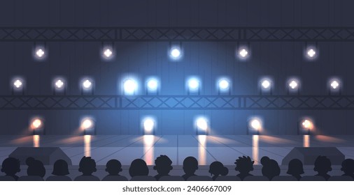 Empty dark stage for performances and presentations with spot lights spectators. Flat cartoon vector illustration