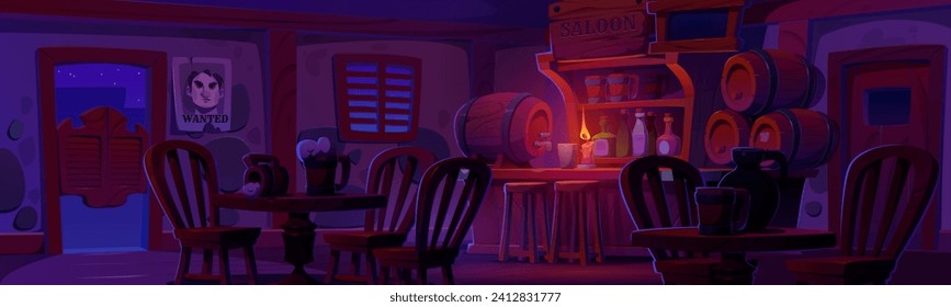 Taberna oeste oscura vacía por la noche. Caricatura vectorial salón de vaqueros interior al atardecer con luz de la vela en el mostrador de bar de madera, puerta de entrada y mesa con silla, barriles de madera y tazas con cerveza.