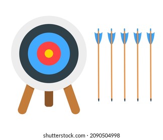 Carteles vacíos en trípode y flechas aislados en fondo blanco. Constructor de anillo de tiro con arco para infografía deportiva o empresarial. Ilustración de dibujos animados.