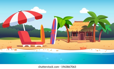 Empty deck chair, umbrella, surfboards, palm trees and exotic hut house hotel on sunny ocean beach. Tourism, luxury summer holiday vacation resort on sea shore. Flat vector isolated illustration